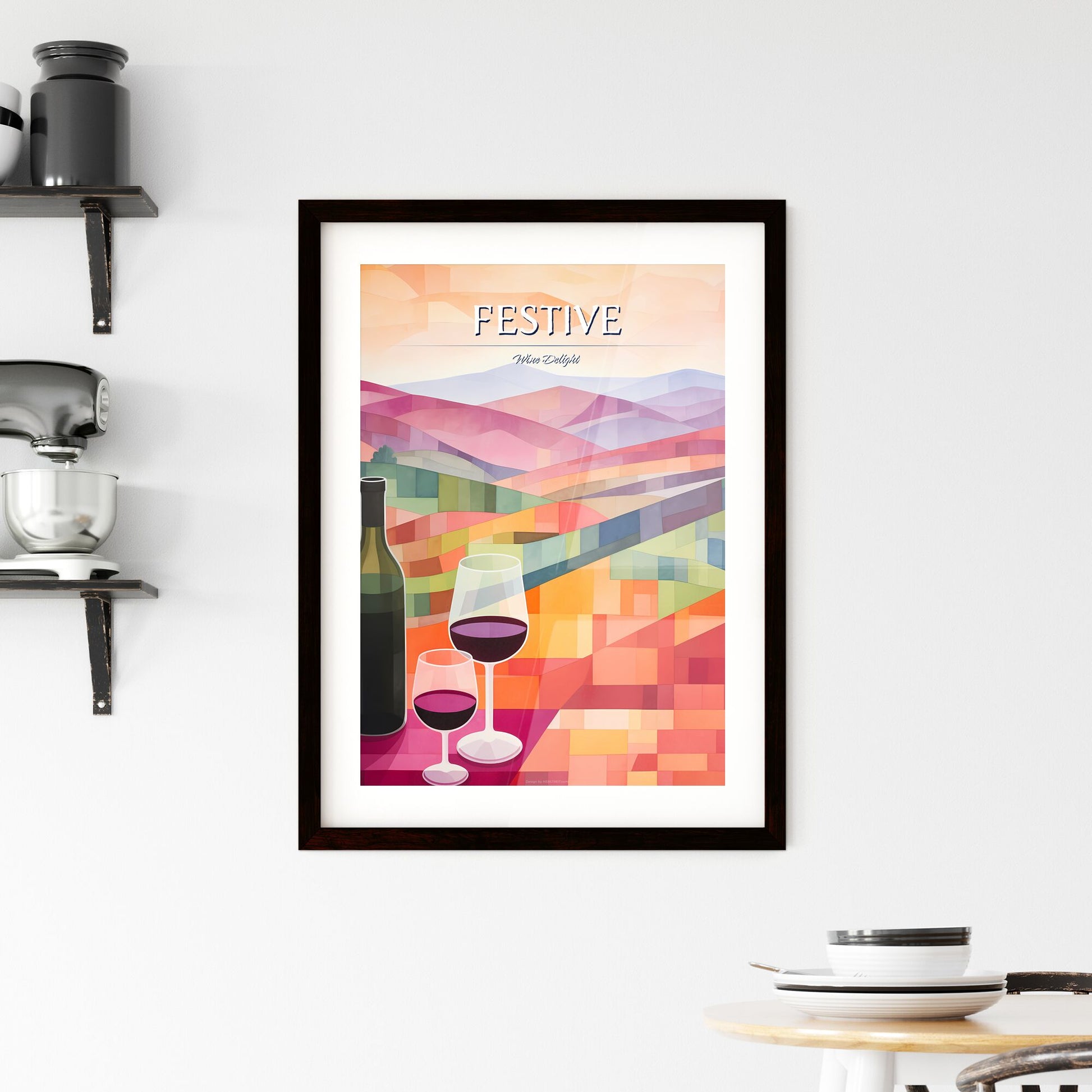 Wine Bottle And Glasses With A Landscape Behind It Art Print Default Title