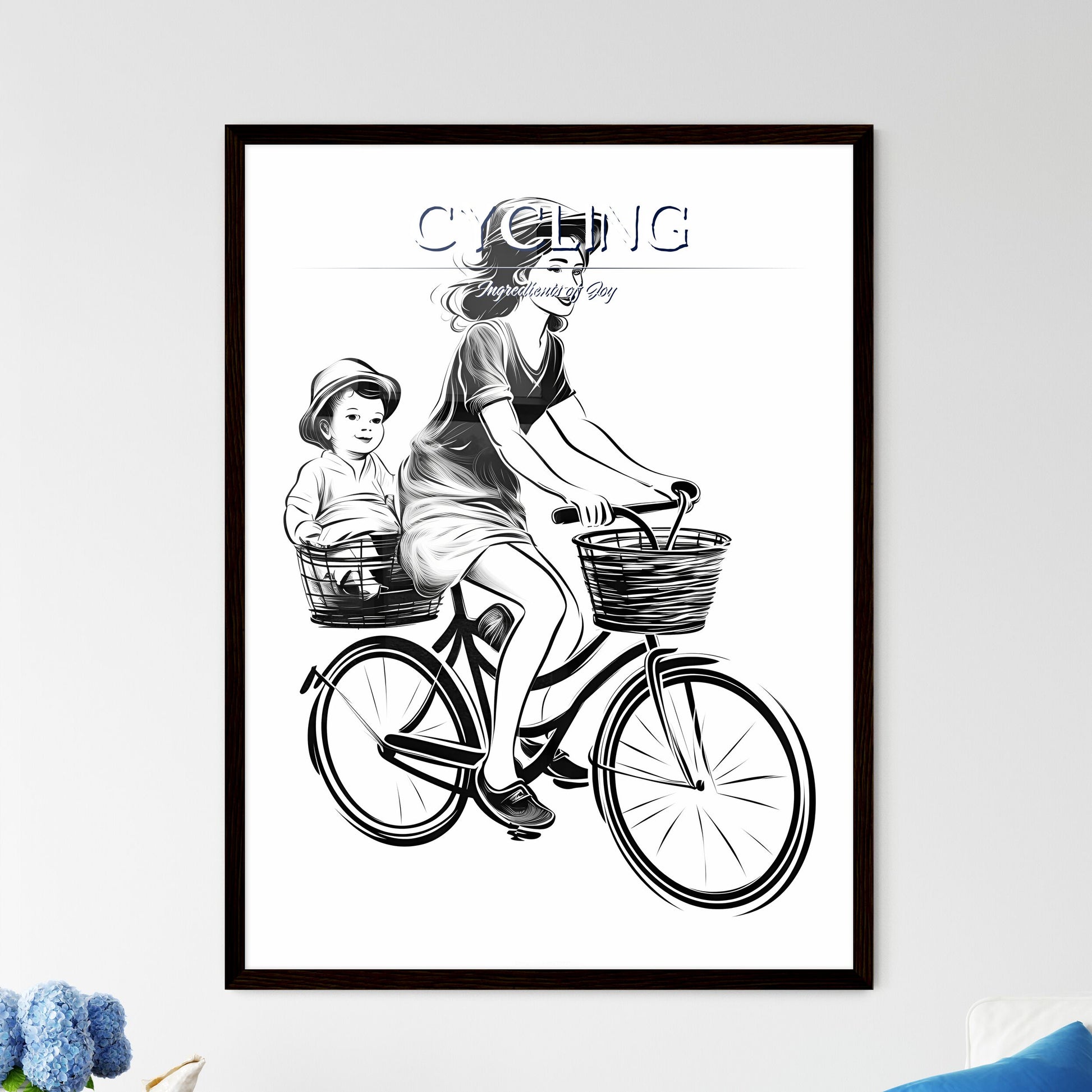 Woman Riding A Bicycle With A Baby In Baskets Art Print Default Title